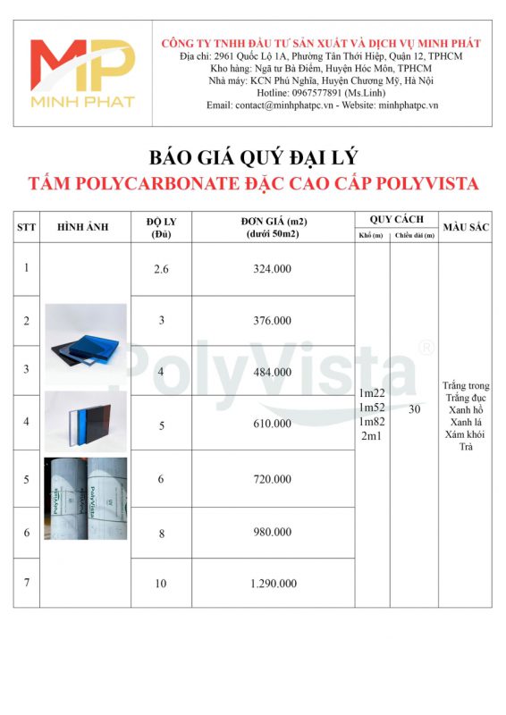 báo giá tấm nhựa polycabonate