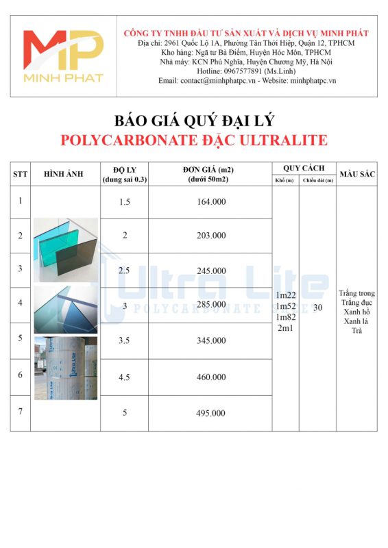 báo giá tấm nhựa polycabonate