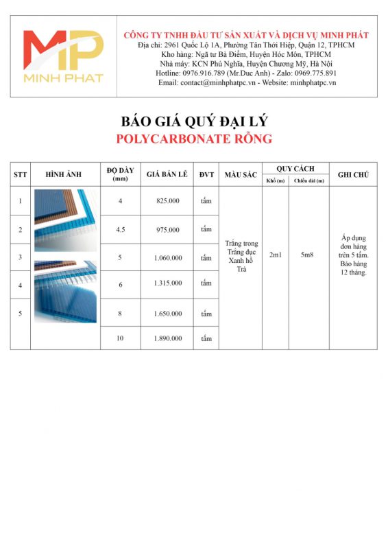 giá tấm lợp polycabonate rỗng